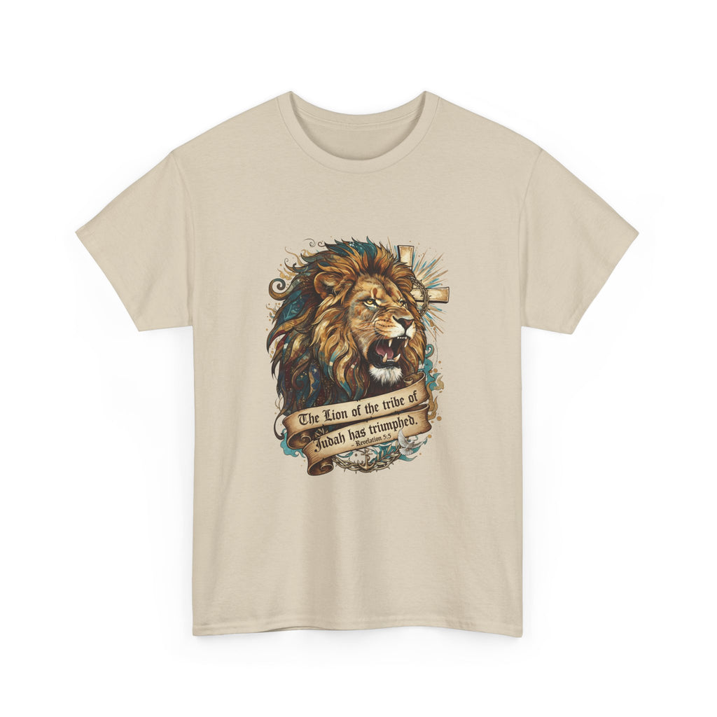 Christian Tee - Lion of Judah Revelation 5:5 Scripture - Triumphant Faith Graphic