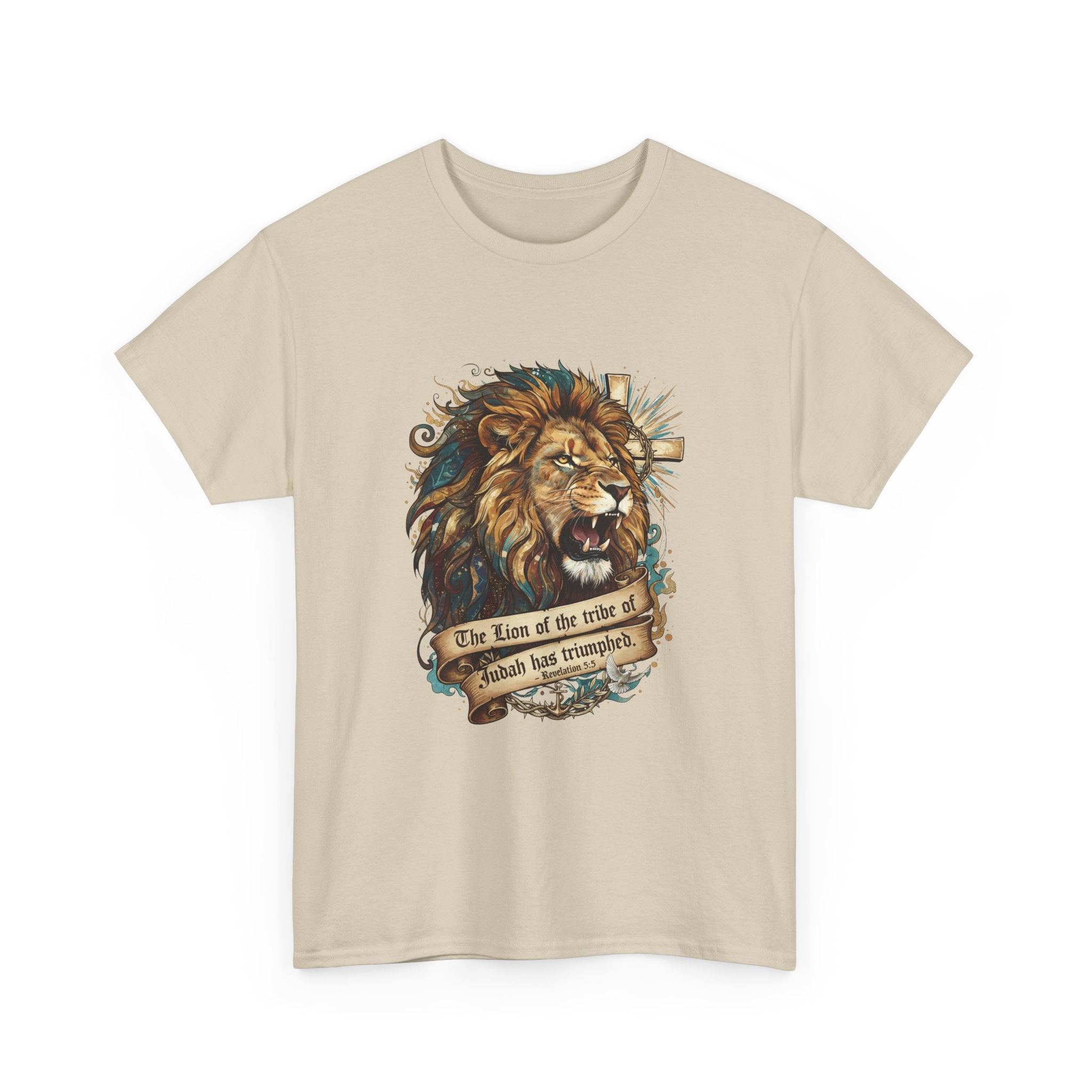 Christian Tee - Lion of Judah Revelation 5:5 Scripture - Triumphant Faith Graphic