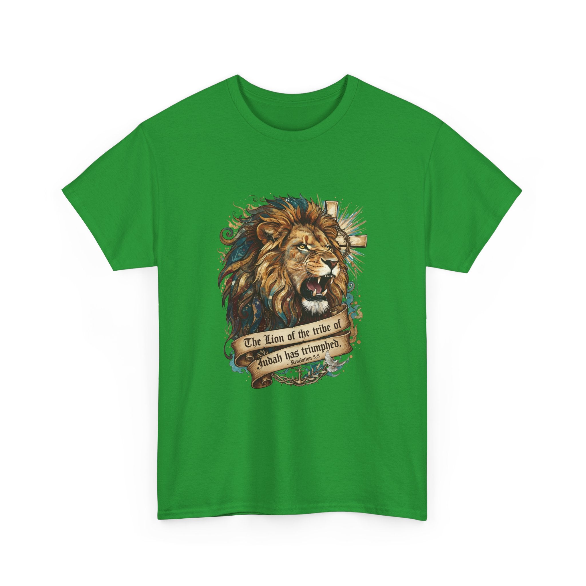 Christian Tee - Lion of Judah Revelation 5:5 Scripture - Triumphant Faith Graphic