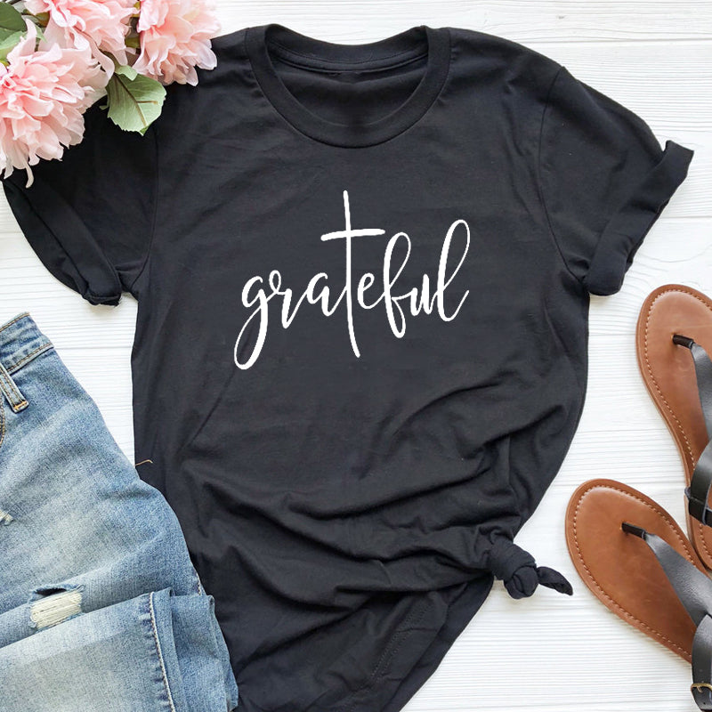 Grateful Christian Cross T-Shirt | Women’s Inspirational Faith Graphic Tee