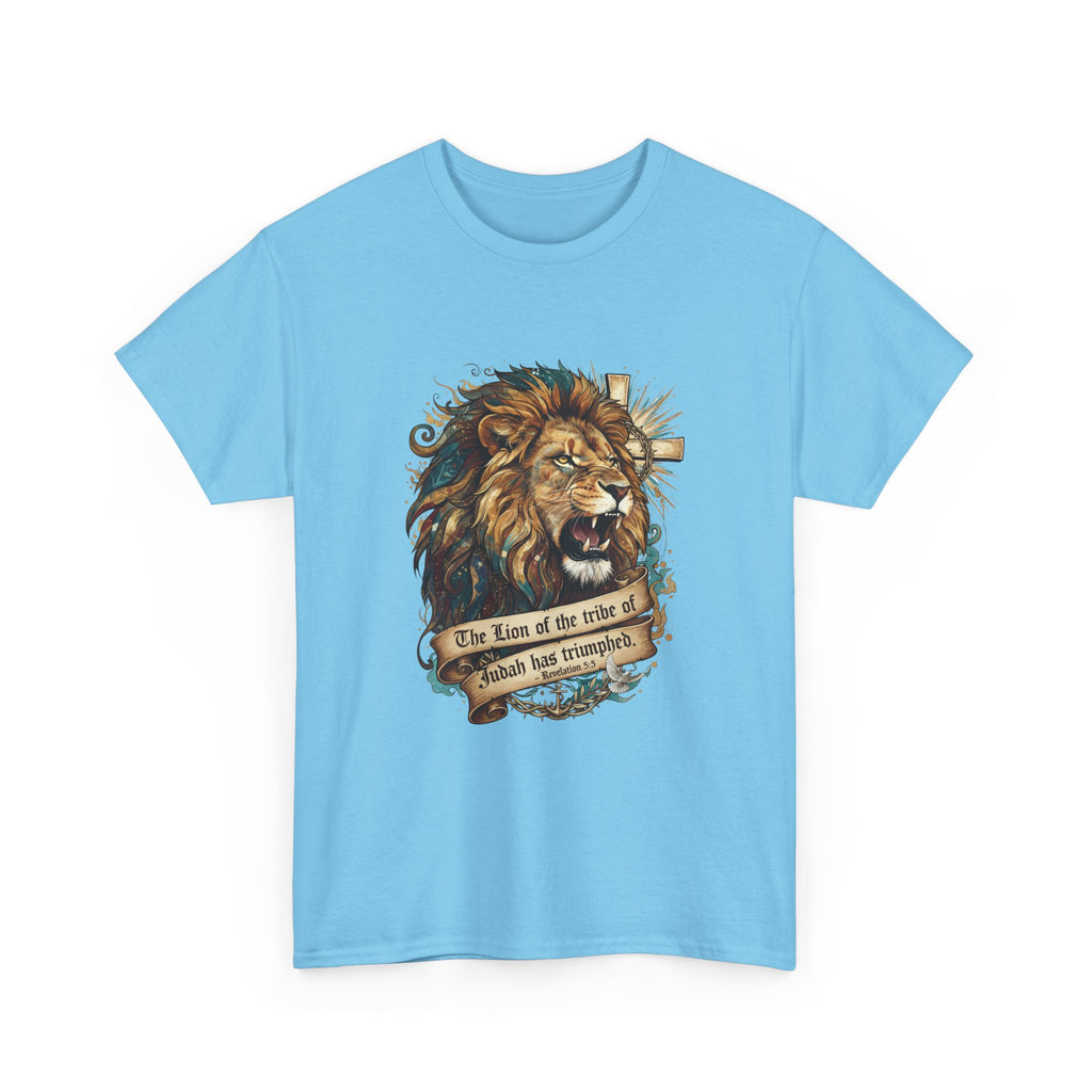 Christian Tee - Lion of Judah Revelation 5:5 Scripture - Triumphant Faith Graphic