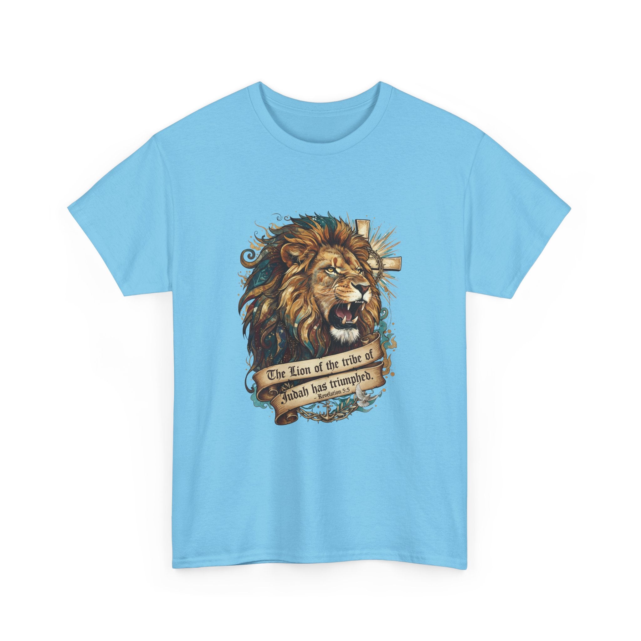 Christian Tee - Lion of Judah Revelation 5:5 Scripture - Triumphant Faith Graphic