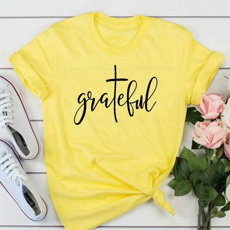 Grateful Christian Cross T-Shirt | Women’s Inspirational Faith Graphic Tee
