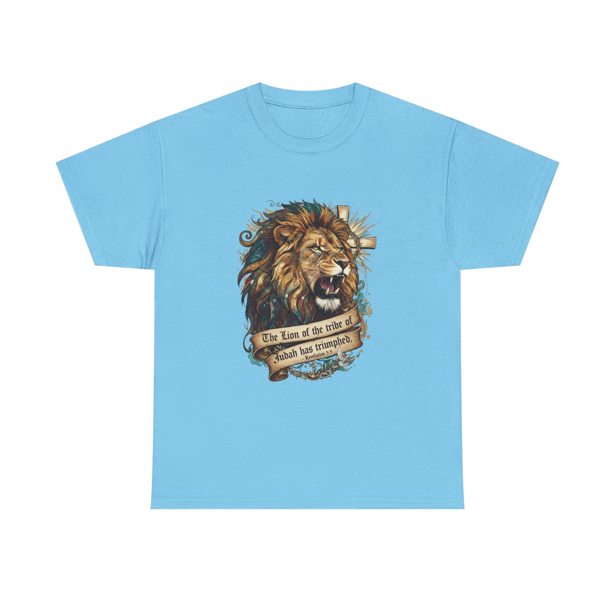 Christian Tee - Lion of Judah Revelation 5:5 Scripture - Triumphant Faith Graphic
