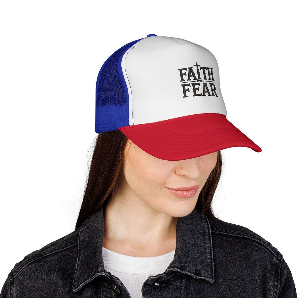 Faith Over Fear Trucker Cap — Christian Mesh Back Hat — Inspirational Religious Gift