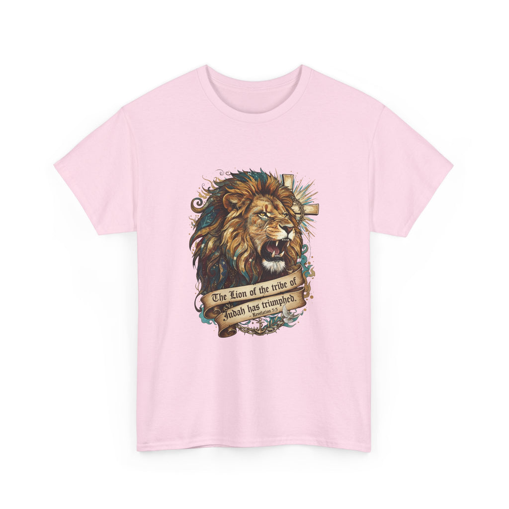 Christian Tee - Lion of Judah Revelation 5:5 Scripture - Triumphant Faith Graphic