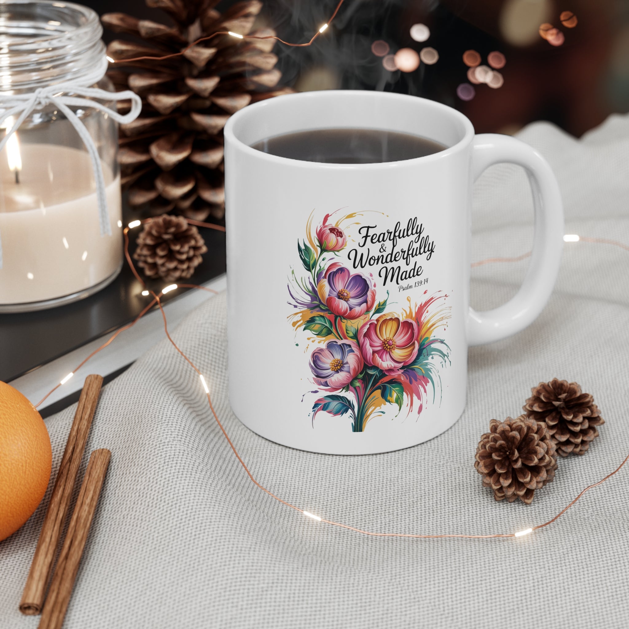 Fearfully & Wonderfully Made Floral Mug — Psalm 139 Inspirational 11oz Coffee Cup