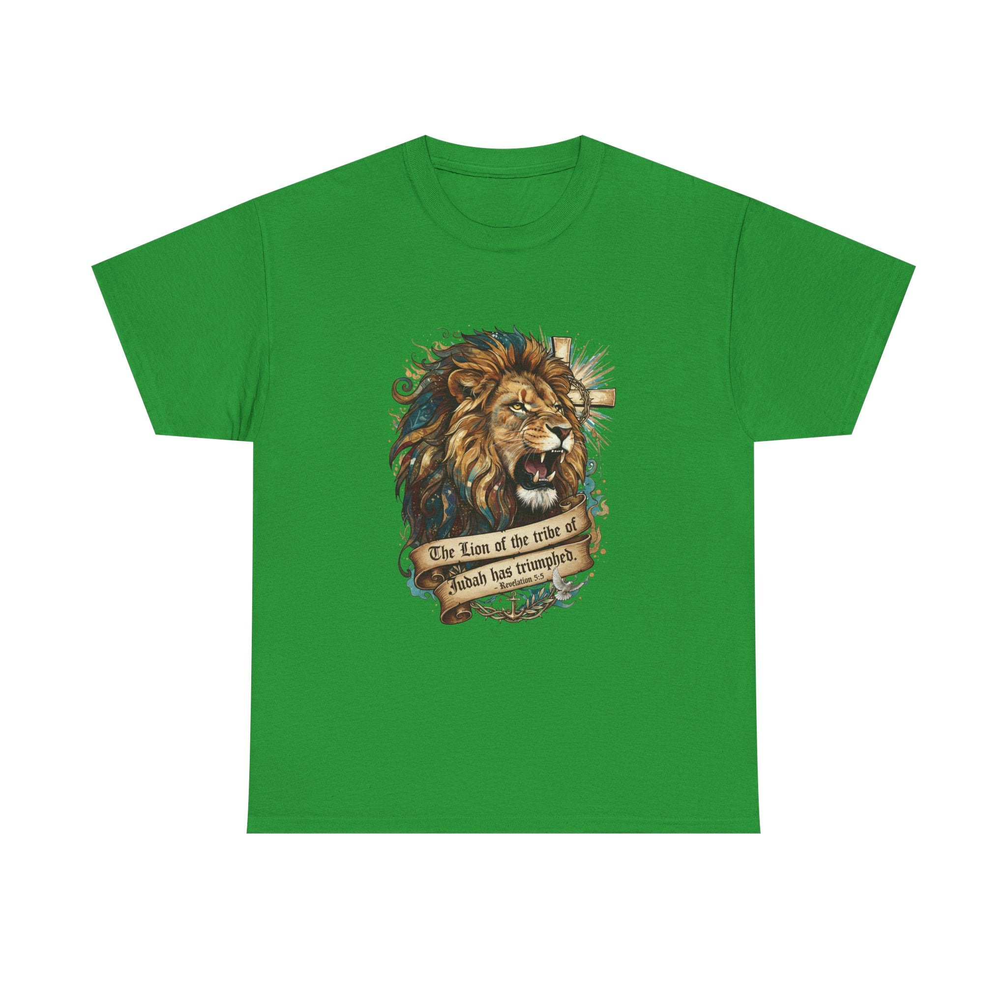 Christian Tee - Lion of Judah Revelation 5:5 Scripture - Triumphant Faith Graphic
