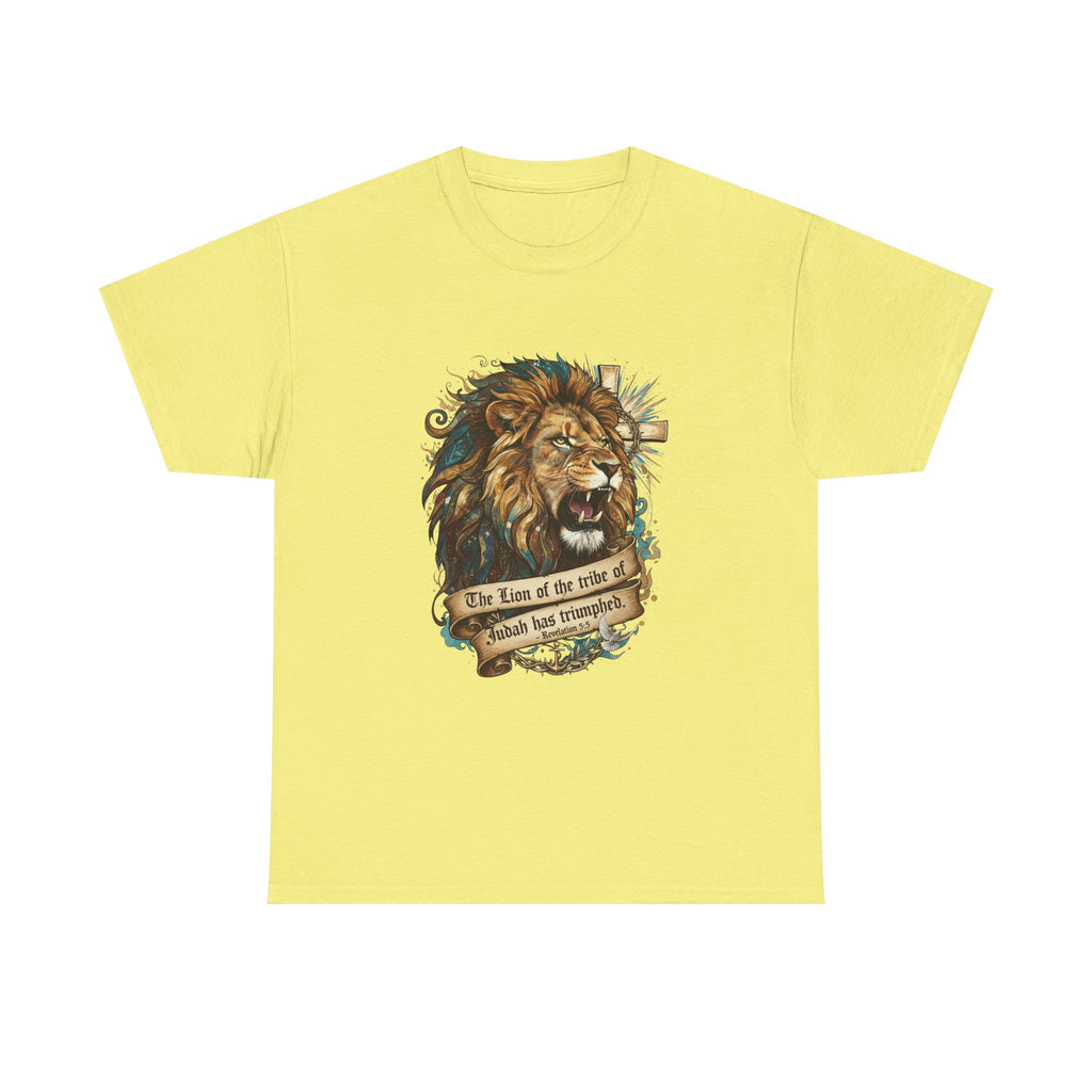 Christian Tee - Lion of Judah Revelation 5:5 Scripture - Triumphant Faith Graphic