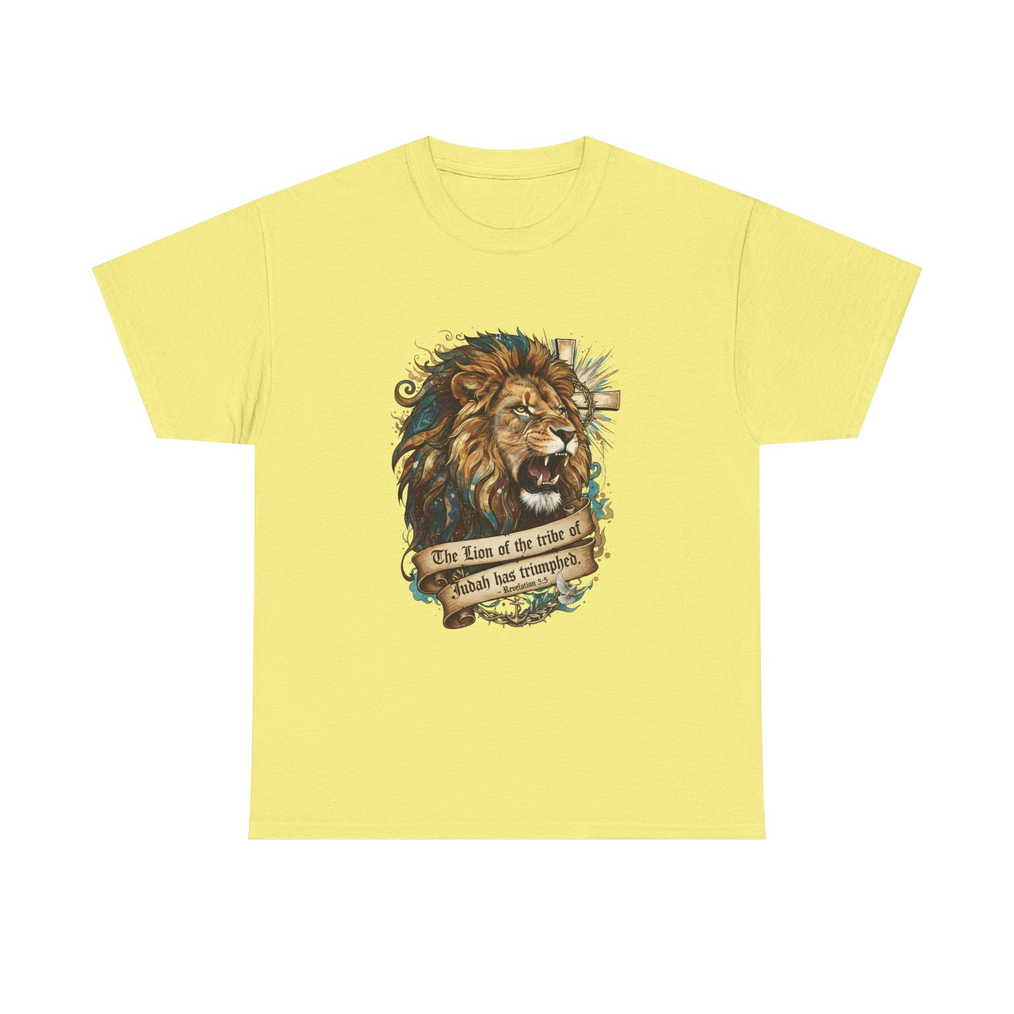 Christian Tee - Lion of Judah Revelation 5:5 Scripture - Triumphant Faith Graphic