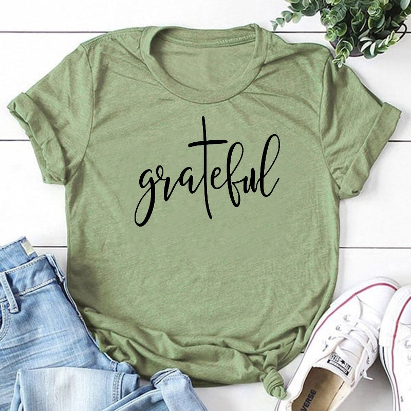 Grateful Christian Cross T-Shirt | Women’s Inspirational Faith Graphic Tee