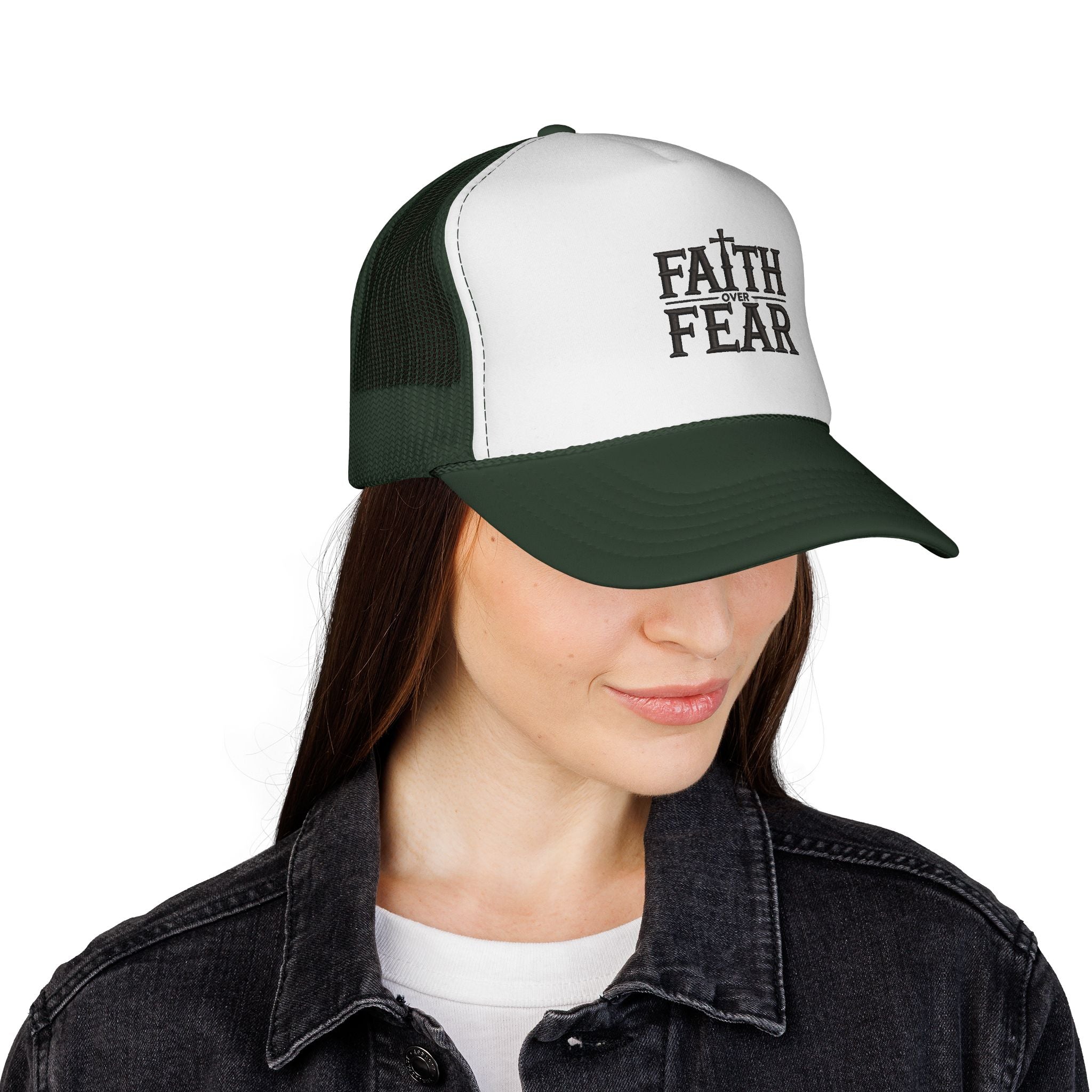 Faith Over Fear Trucker Cap — Christian Mesh Back Hat — Inspirational Religious Gift