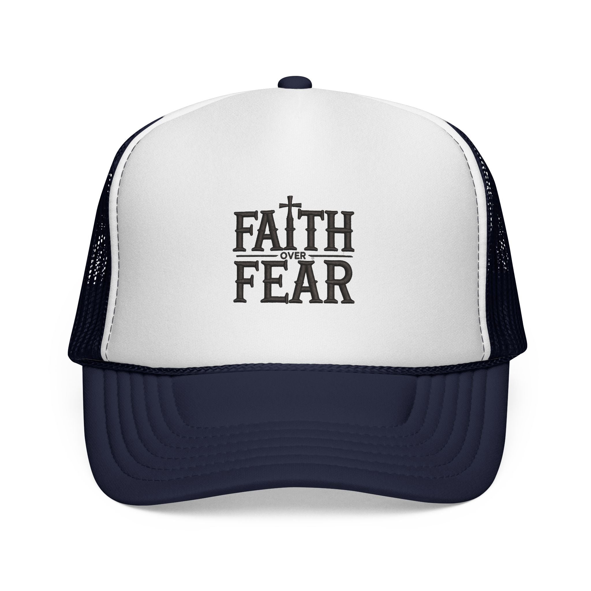 Faith Over Fear Trucker Cap — Christian Mesh Back Hat — Inspirational Religious Gift