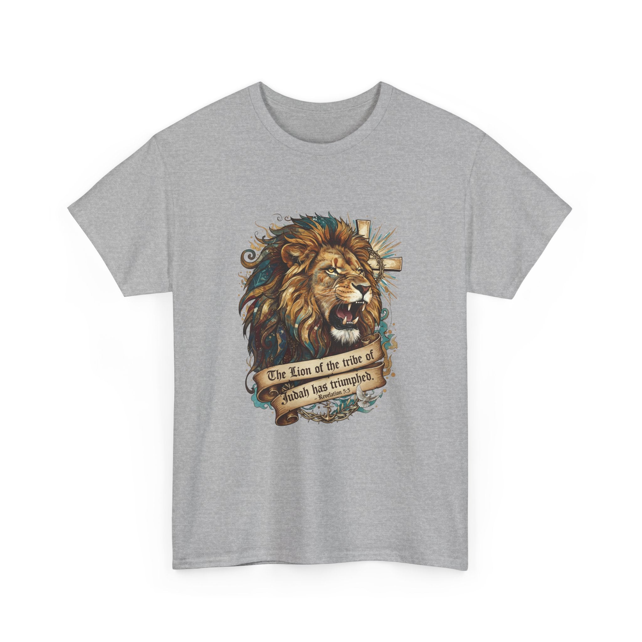 Christian Tee - Lion of Judah Revelation 5:5 Scripture - Triumphant Faith Graphic
