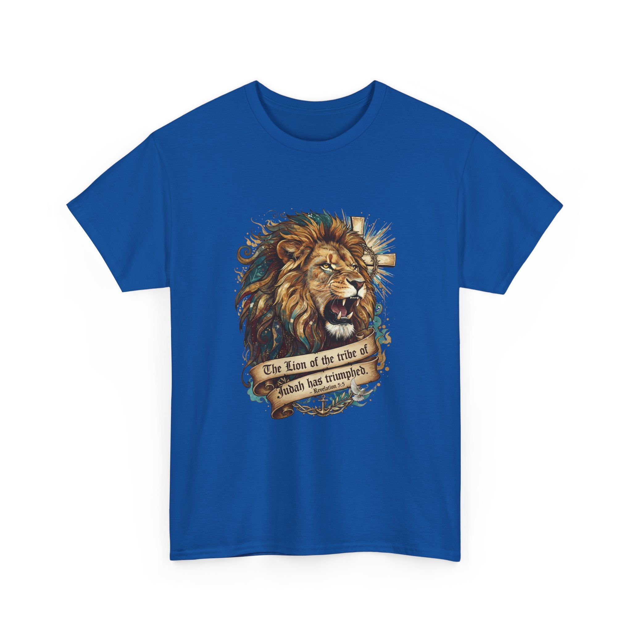 Christian Tee - Lion of Judah Revelation 5:5 Scripture - Triumphant Faith Graphic