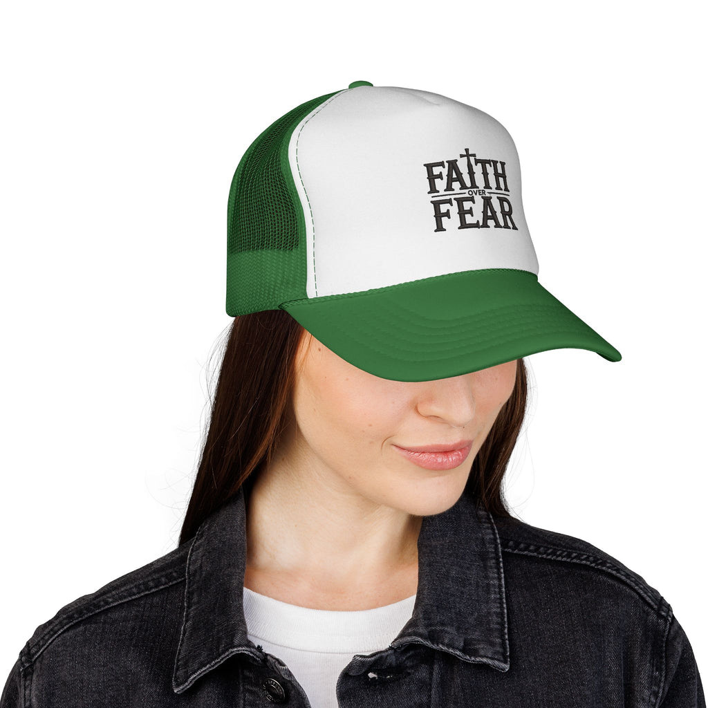 Faith Over Fear Trucker Cap — Christian Mesh Back Hat — Inspirational Religious Gift
