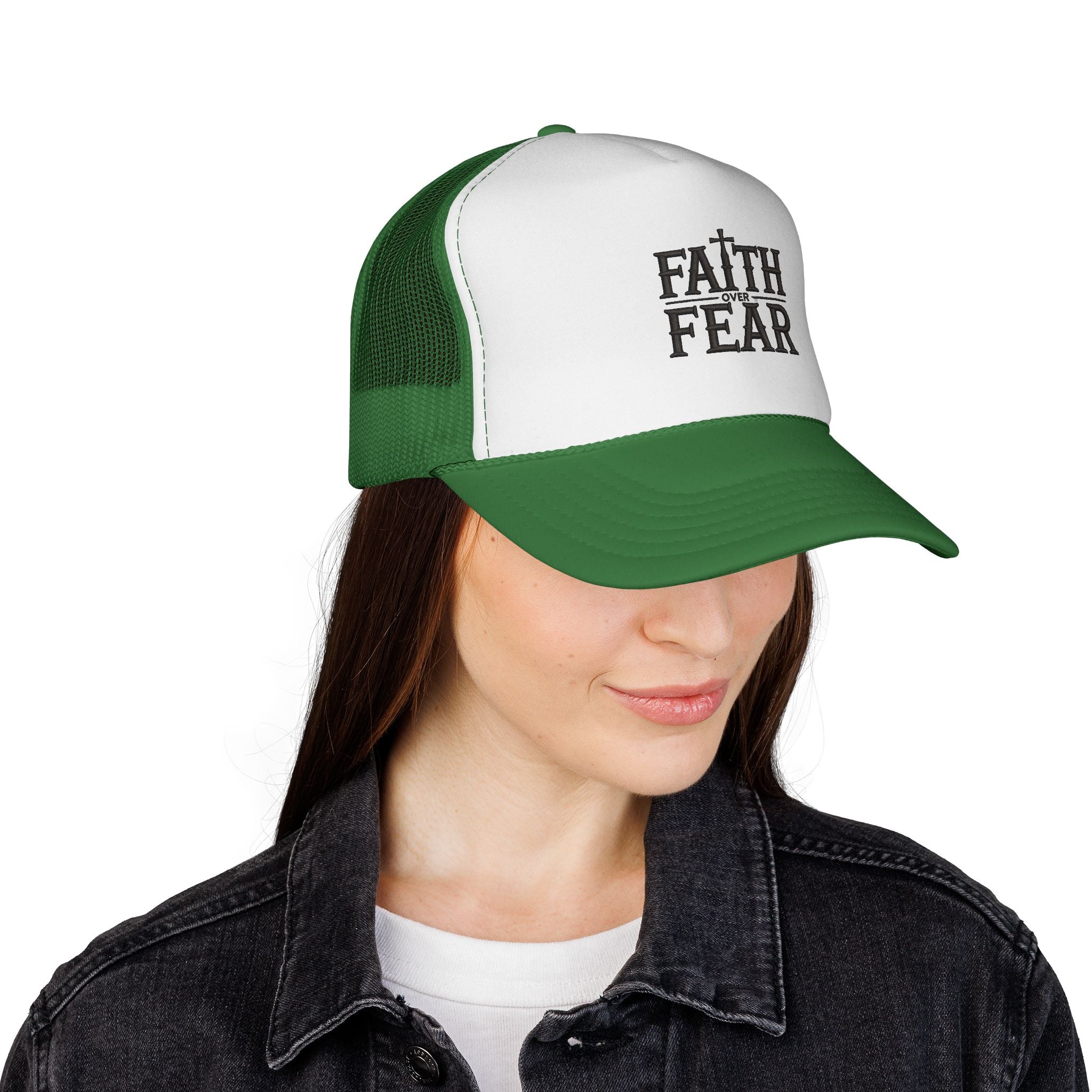 Faith Over Fear Trucker Cap — Christian Mesh Back Hat — Inspirational Religious Gift