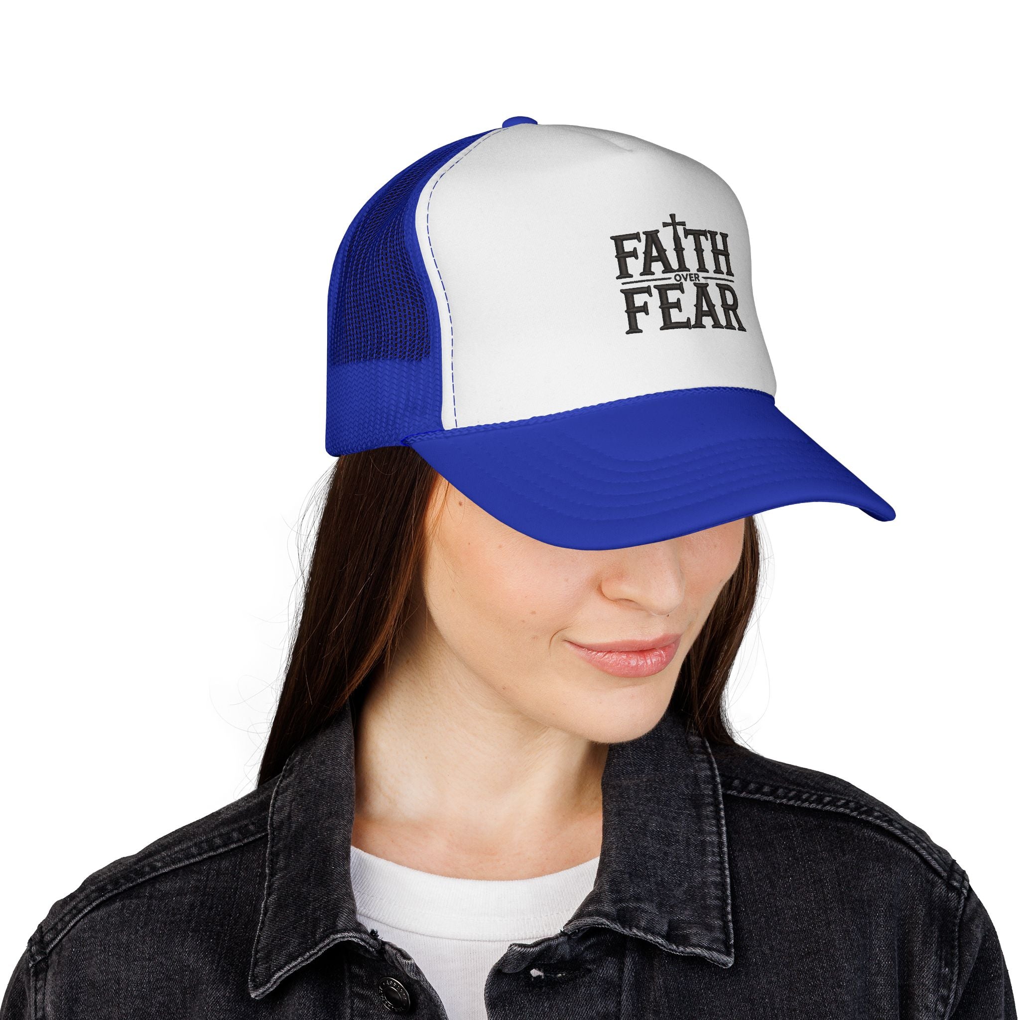 Faith Over Fear Trucker Cap — Christian Mesh Back Hat — Inspirational Religious Gift