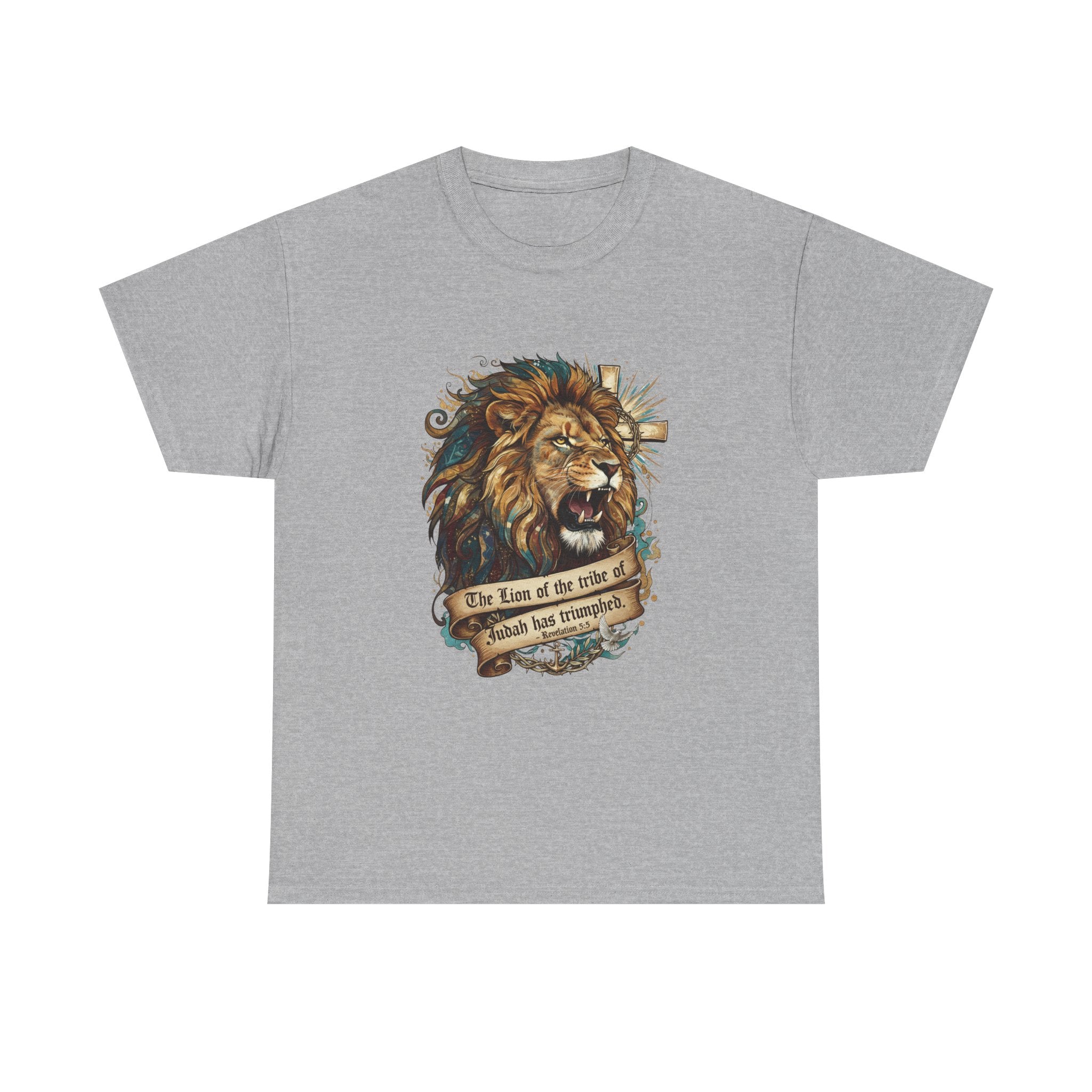 Christian Tee - Lion of Judah Revelation 5:5 Scripture - Triumphant Faith Graphic