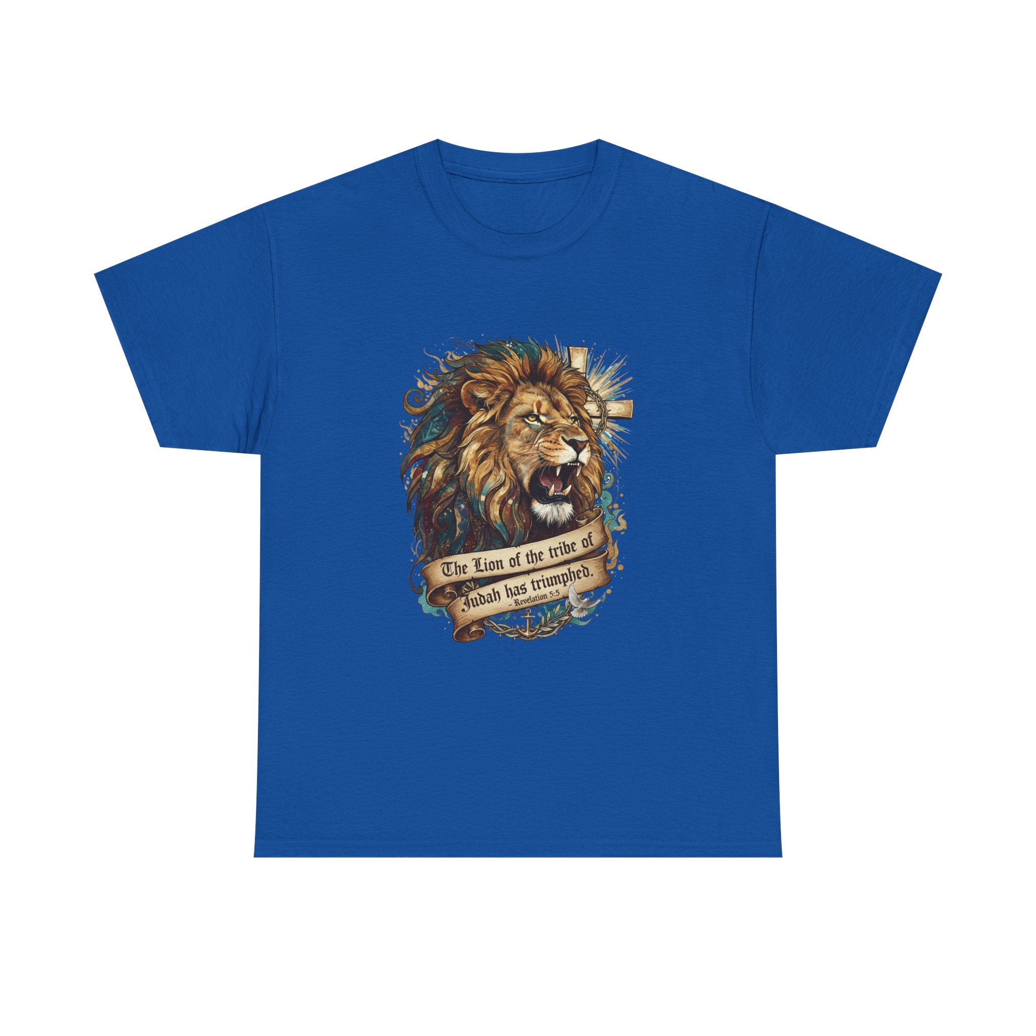 Christian Tee - Lion of Judah Revelation 5:5 Scripture - Triumphant Faith Graphic