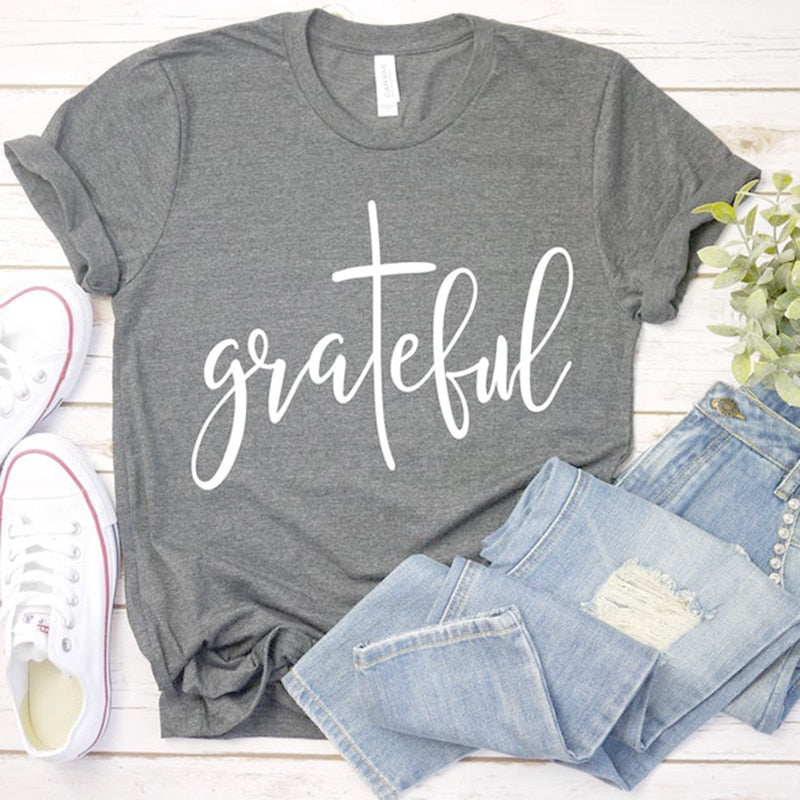Grateful Christian Cross T-Shirt | Women’s Inspirational Faith Graphic Tee