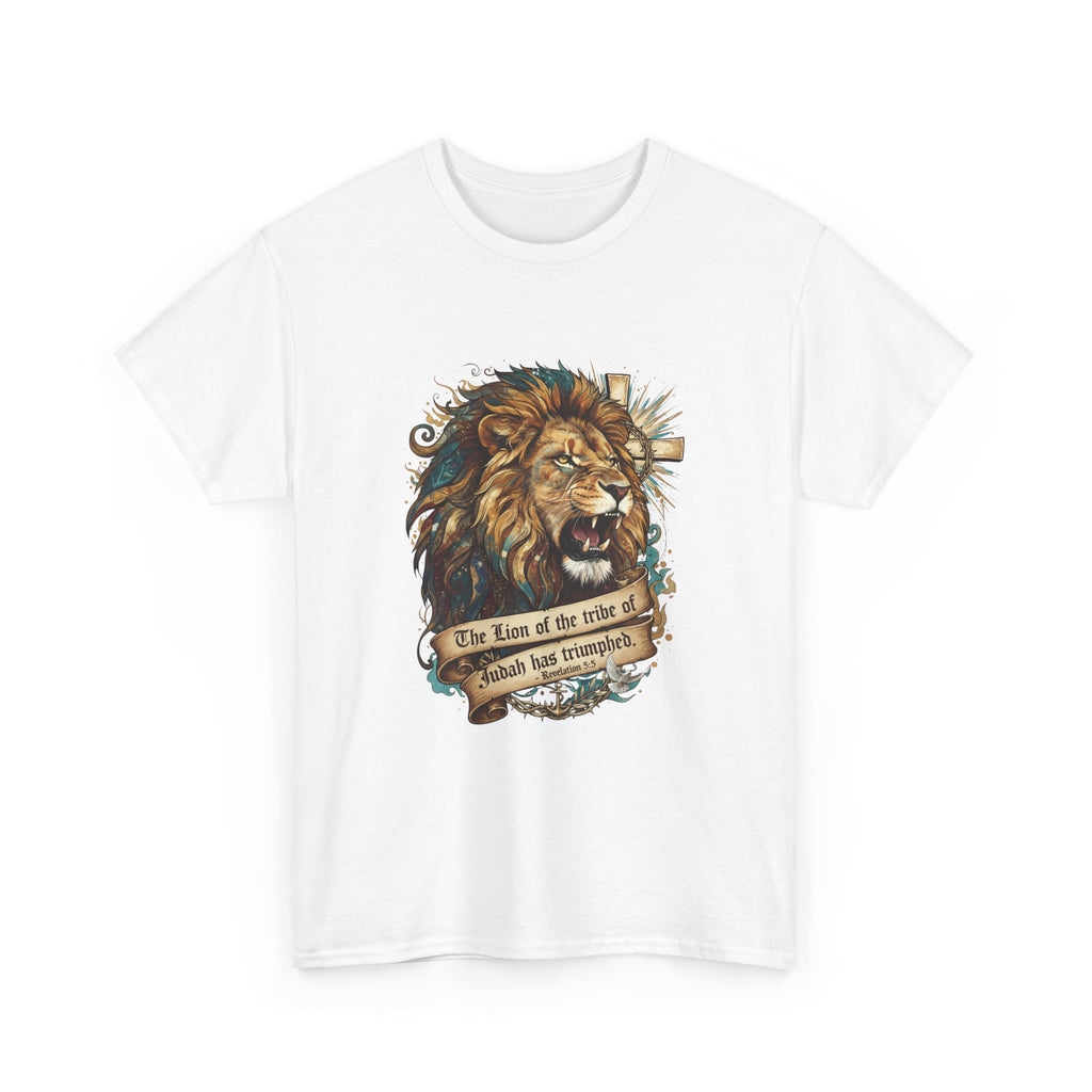 Christian Tee - Lion of Judah Revelation 5:5 Scripture - Triumphant Faith Graphic