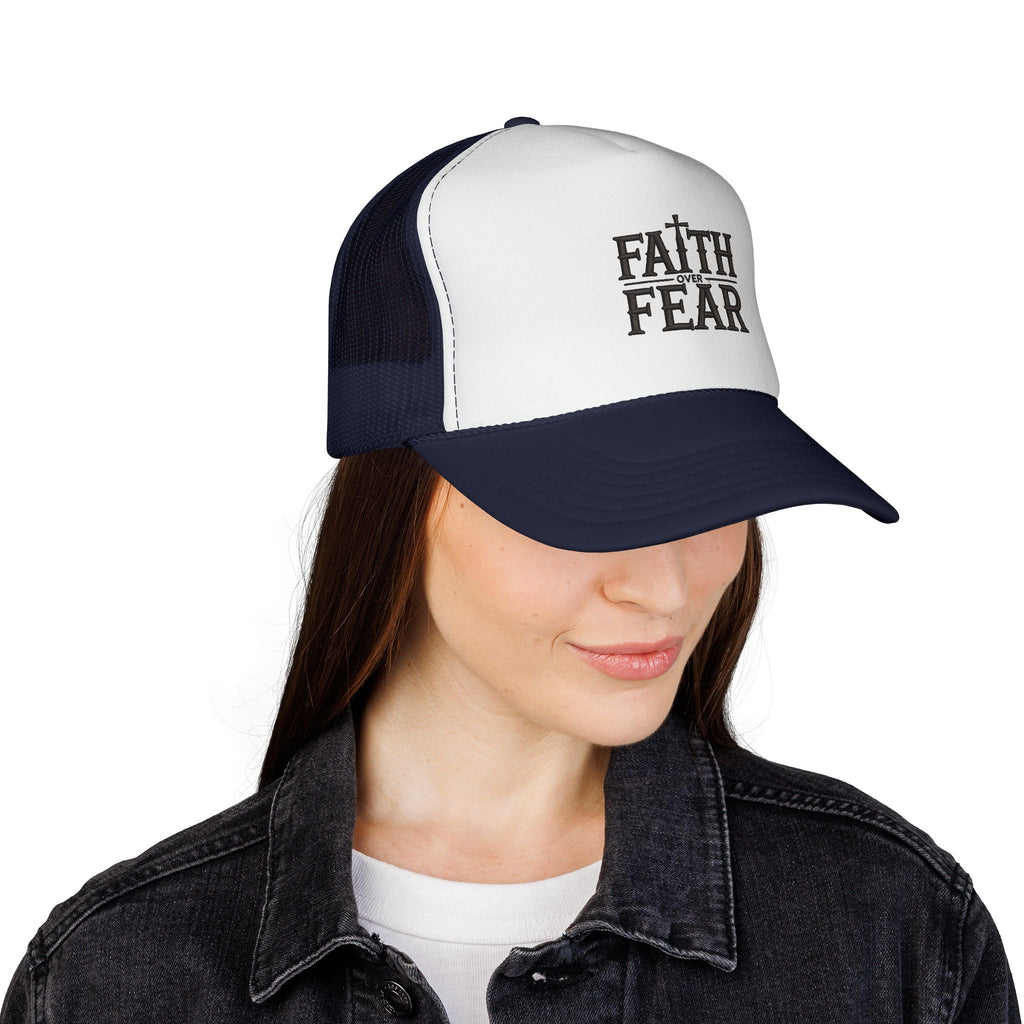 Faith Over Fear Trucker Cap — Christian Mesh Back Hat — Inspirational Religious Gift