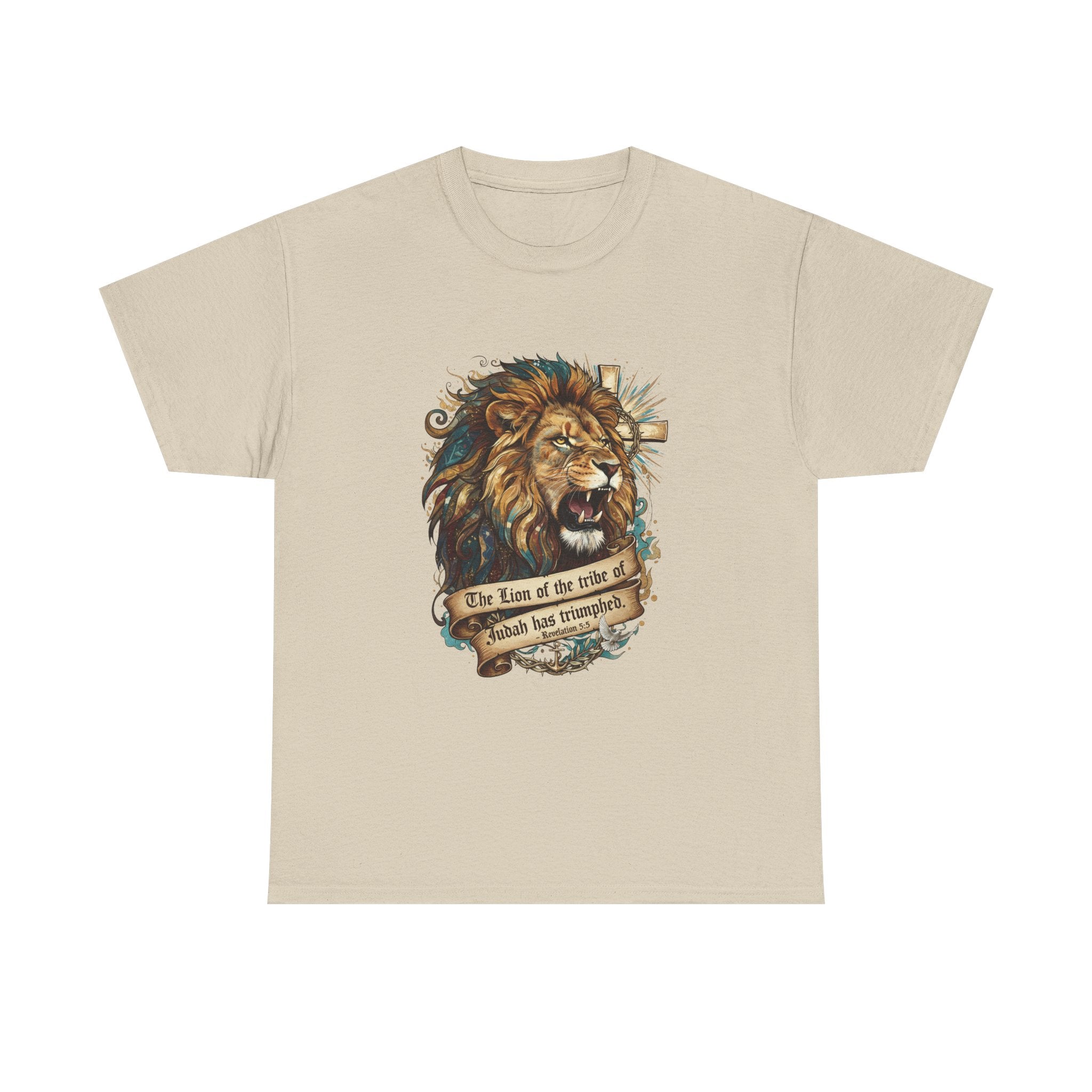 Christian Tee - Lion of Judah Revelation 5:5 Scripture - Triumphant Faith Graphic