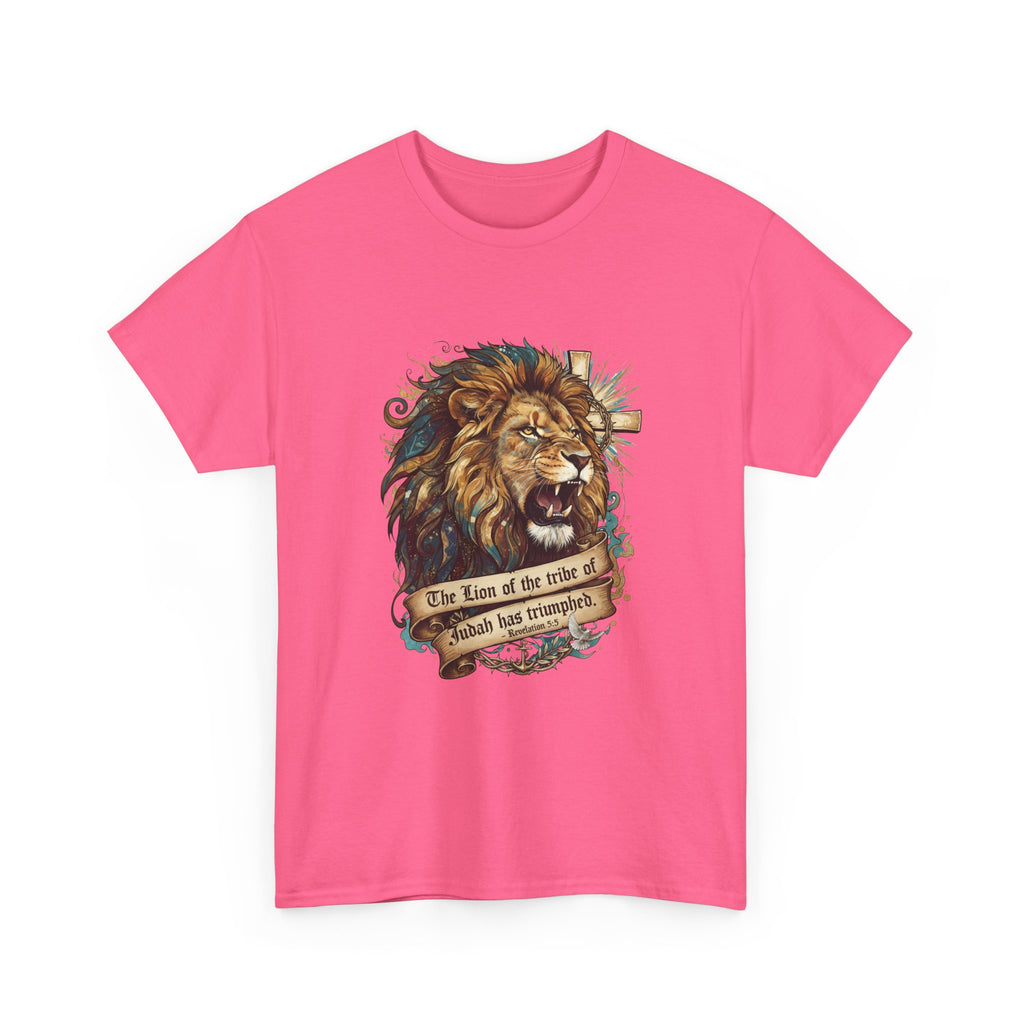 Christian Tee - Lion of Judah Revelation 5:5 Scripture - Triumphant Faith Graphic