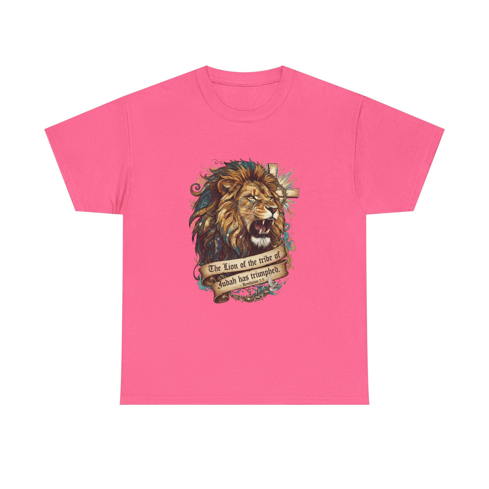 Christian Tee - Lion of Judah Revelation 5:5 Scripture - Triumphant Faith Graphic