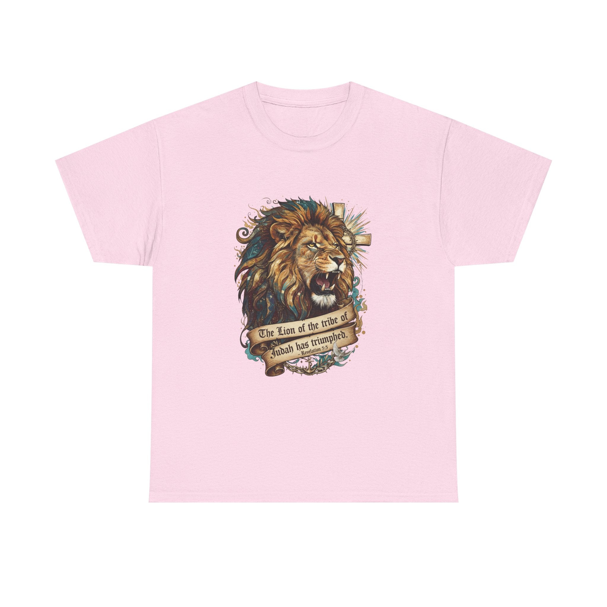Christian Tee - Lion of Judah Revelation 5:5 Scripture - Triumphant Faith Graphic