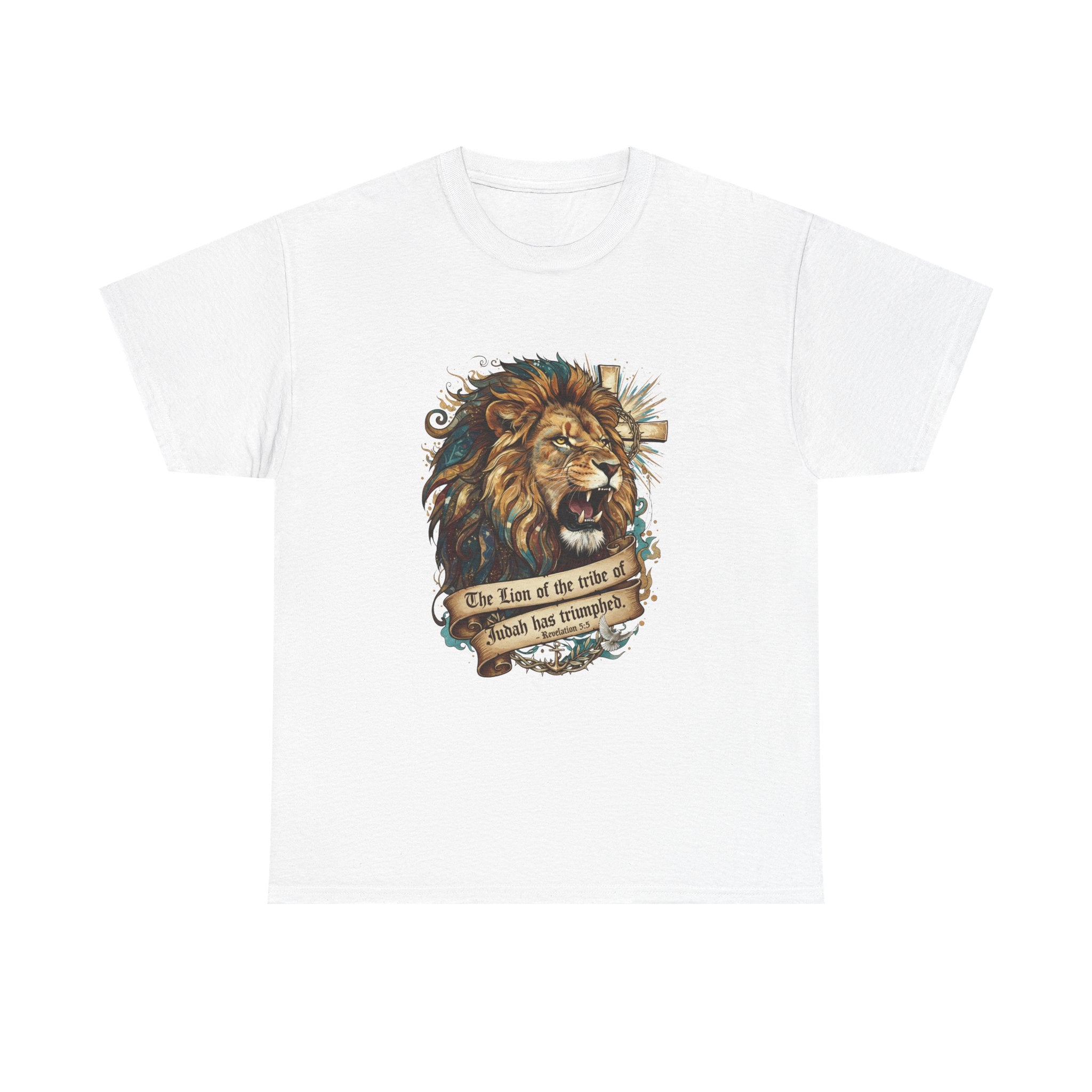 Christian Tee - Lion of Judah Revelation 5:5 Scripture - Triumphant Faith Graphic