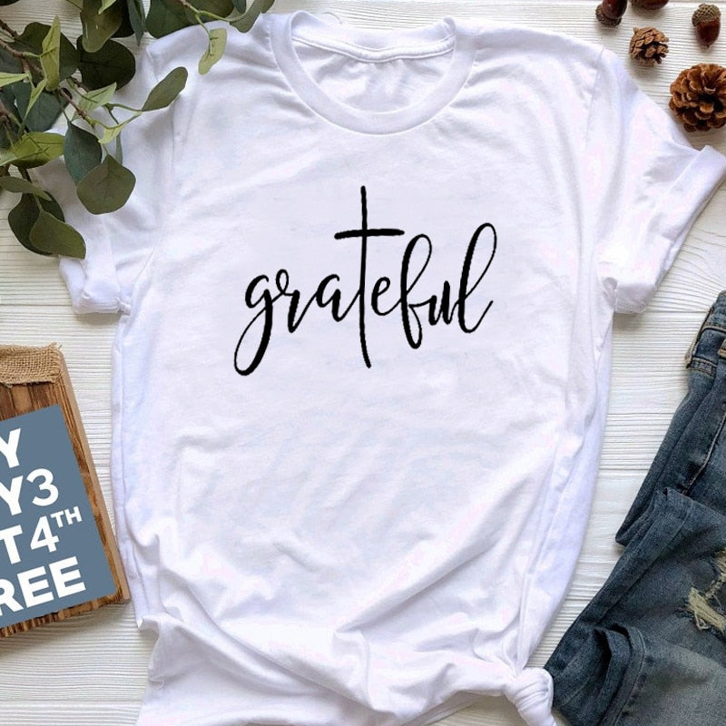 Grateful Christian Cross T-Shirt | Women’s Inspirational Faith Graphic Tee