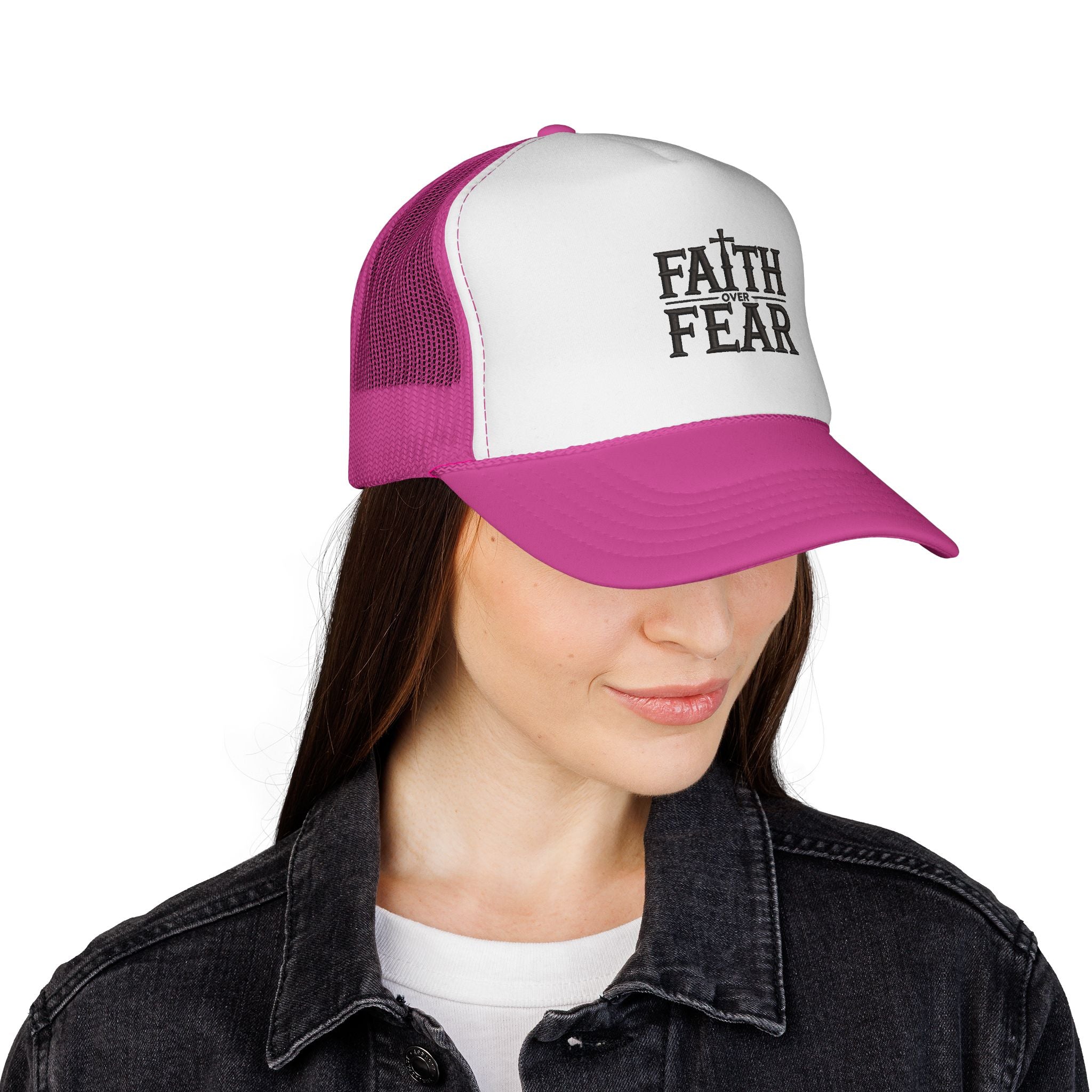 Faith Over Fear Trucker Cap — Christian Mesh Back Hat — Inspirational Religious Gift