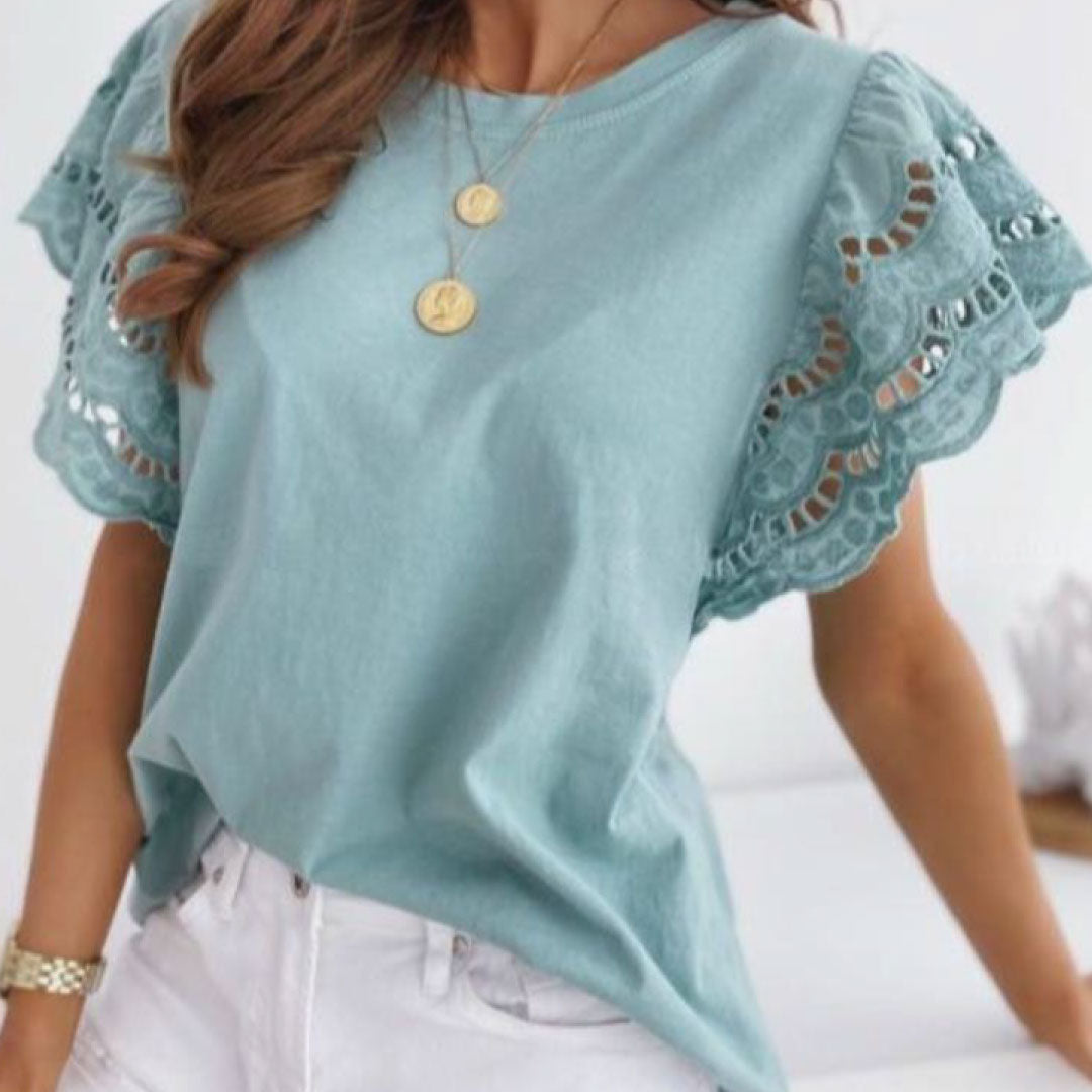 Laced Sleeve Cotton Blend Top