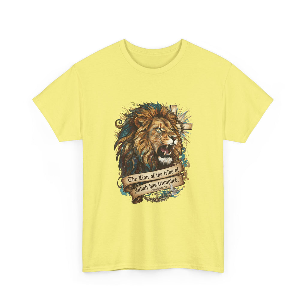Christian Tee - Lion of Judah Revelation 5:5 Scripture - Triumphant Faith Graphic