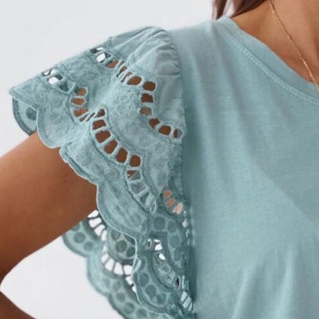 Laced Sleeve Cotton Blend Top