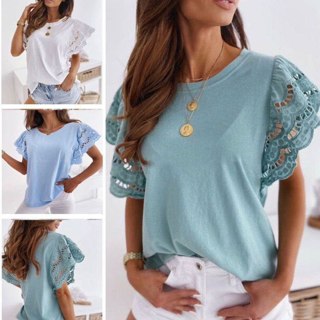 Laced Sleeve Cotton Blend Top