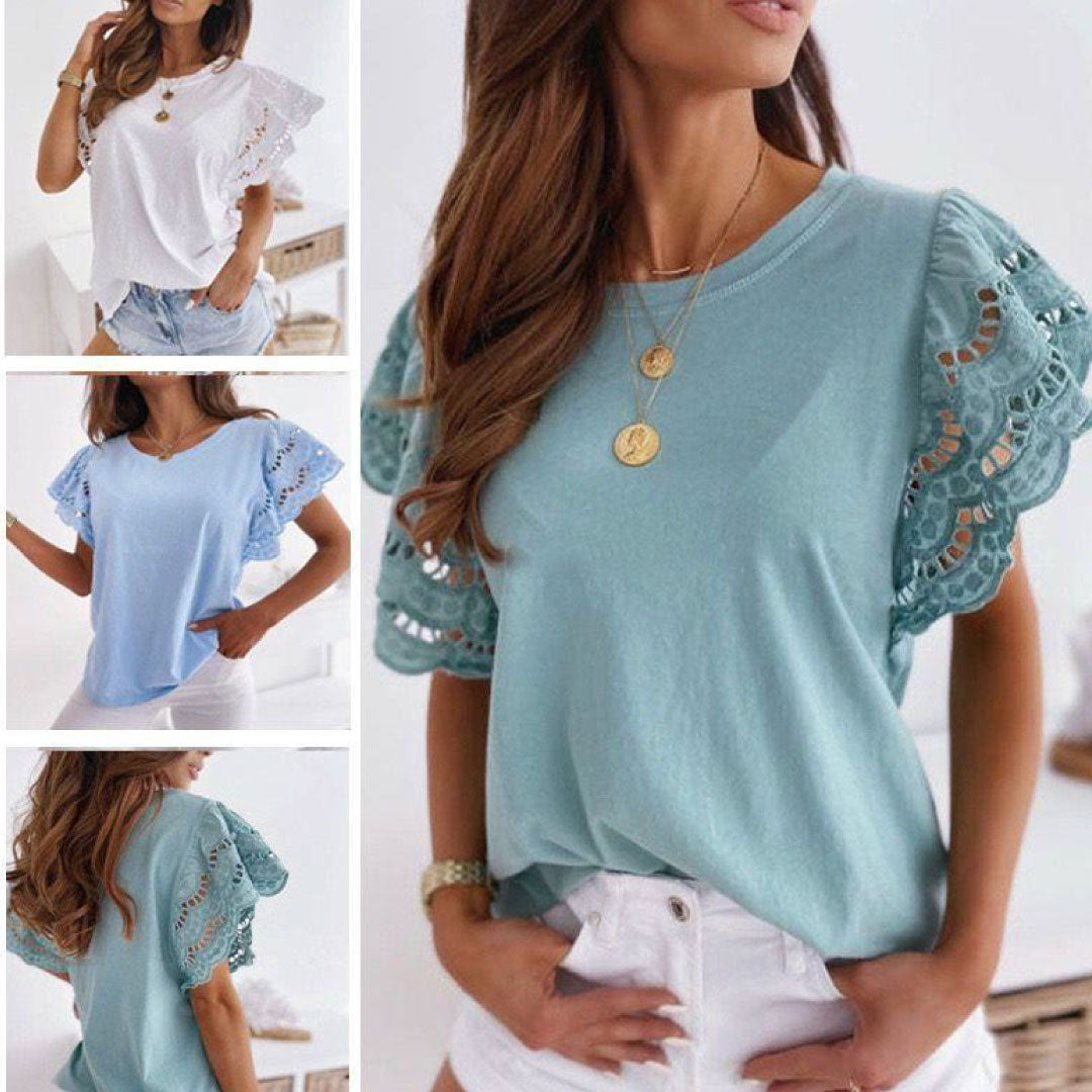 Laced Sleeve Cotton Blend Top
