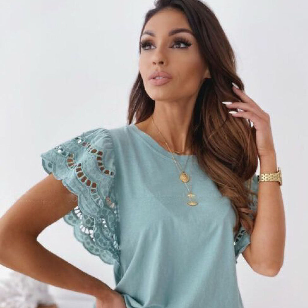 Laced Sleeve Cotton Blend Top