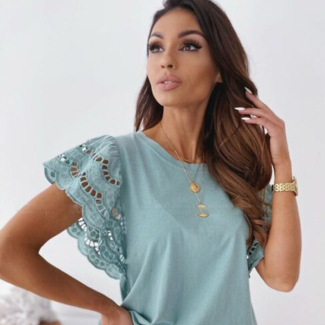 Laced Sleeve Cotton Blend Top
